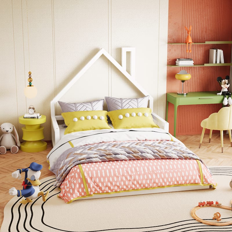 Full Size Wood Floor Bed with House-shaped Headboard