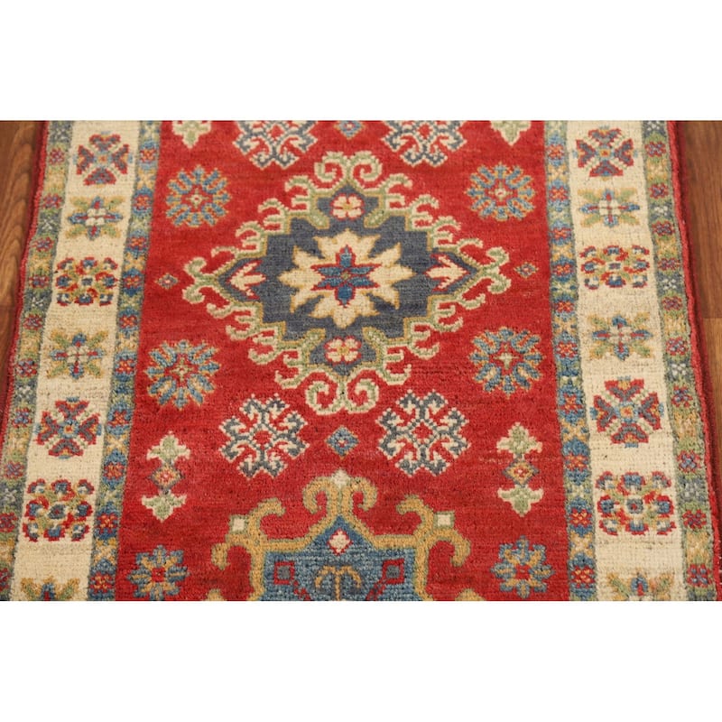 Geometric Red Kazak Oriental Foyer Rug Hand-Knotted Wool Carpet - 2'0" x 3'0"