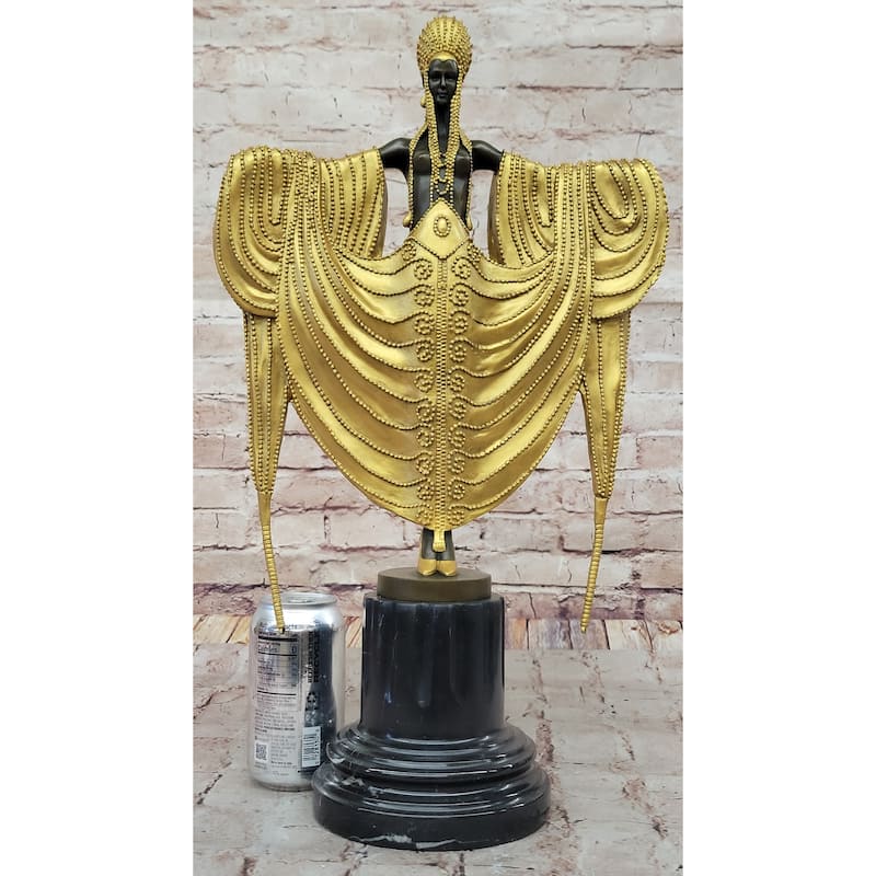 J. Erte Art Deco Golden Lady Sculpture With Flowing Drapery On Marble Base