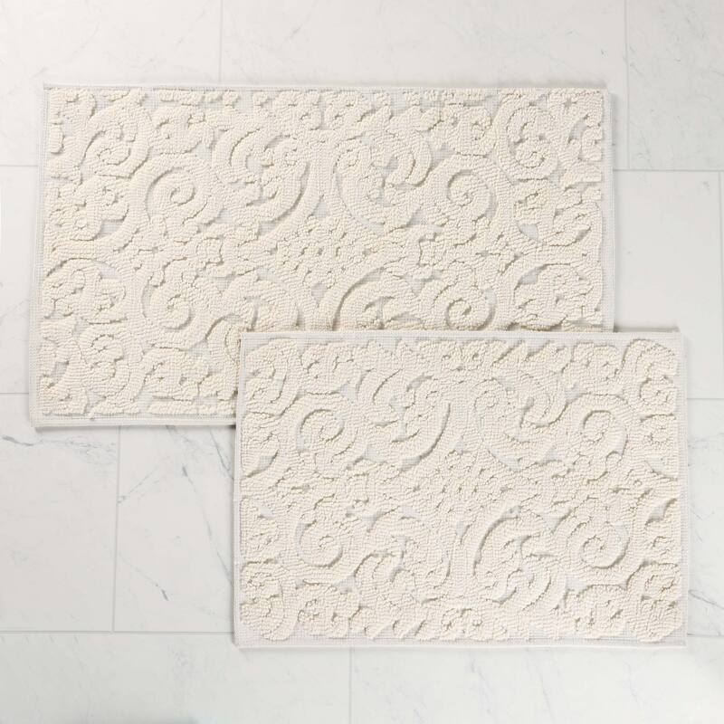 Superior Venere Floral Scroll Washable Bath Rug, Set of 2 - Large - Ivory