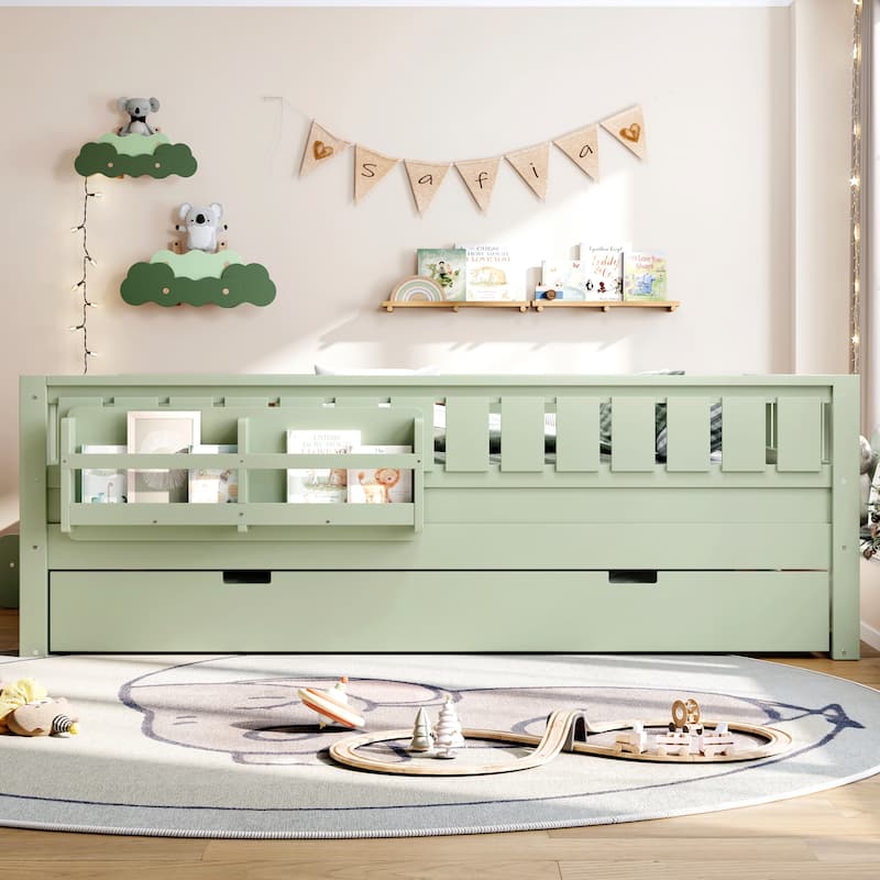 Roomfitters Floor Bed with Bookshelf and Trundle, Low Profile Frame with Step Entry