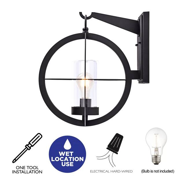1-Light 12" Black Global Outdoor Wall Lantern Sconce with Clear Glass Tube - W 12" x E 14" x H 14-3/4"