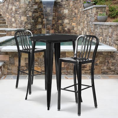 30'' Round Metal Indoor-Outdoor Bar Table Set with 2 Vertical Slat Back Stools - 30"W x 30"D x 41"H
