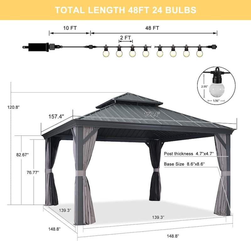 PURPLE LEAF Outdoor Galvanized Steel Hardtop Gazebo, Aluminum Frame Gazebo With Curtains