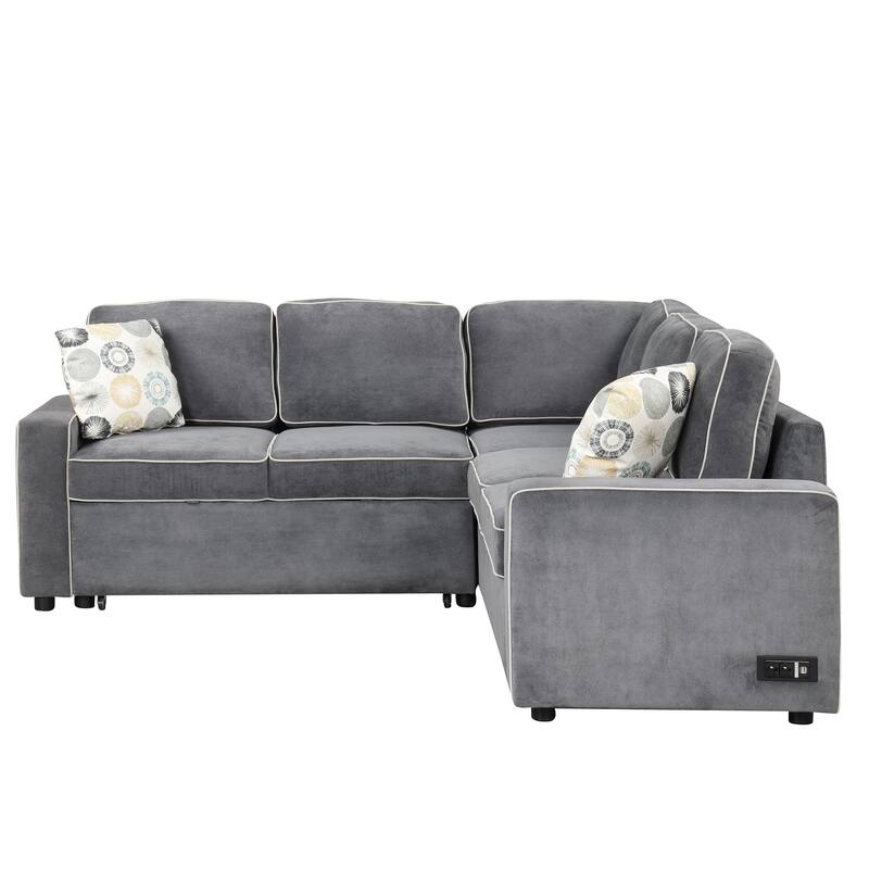 L-Shaped Pull Out Sofa Bed Modern Convertible Sleeper Sofa with 2 USB ports, 2 Power Sockets and 3 Pillows