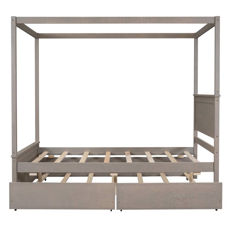 Pine Wood Canopy Platform Bed with Trundle & Drawers