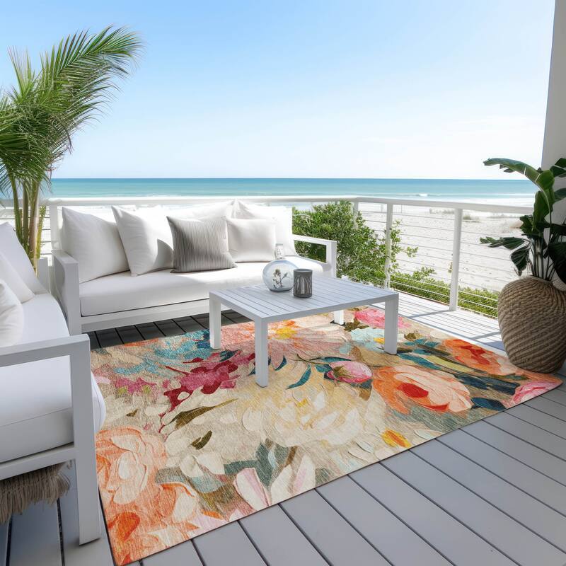Machine Washable Indoor/ Outdoor Watercolor Floral Chantille Rug