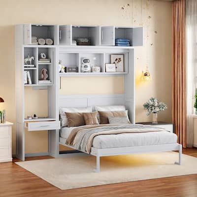 Queen Size Murphy Bed with Built-In Desk and Storage,3 Top Cabinets, Shelves and Workspace