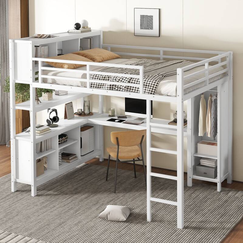 Heavy Duty Queen Loft Bed with Wardrobe, L-shaped Desk, Storage Shelves, and Guardrail, White Metal Loft Bed