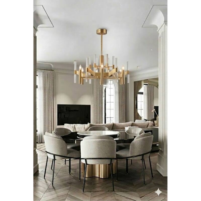 6 Light Antique Brass Metal Ceiling Fixture With Clear Crystal Rods