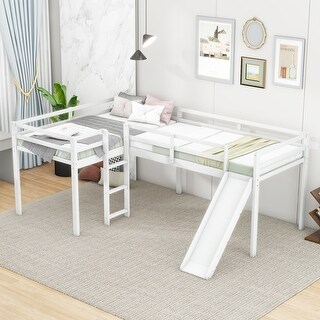 L-Shaped Twin Size Loft Bed with Ladder and Slide , Contemporary Design with Widened Ladder