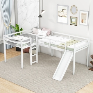 White Twin Loft Bed with Ladder, Slide & Guardrail - Spacious Underbed Storage