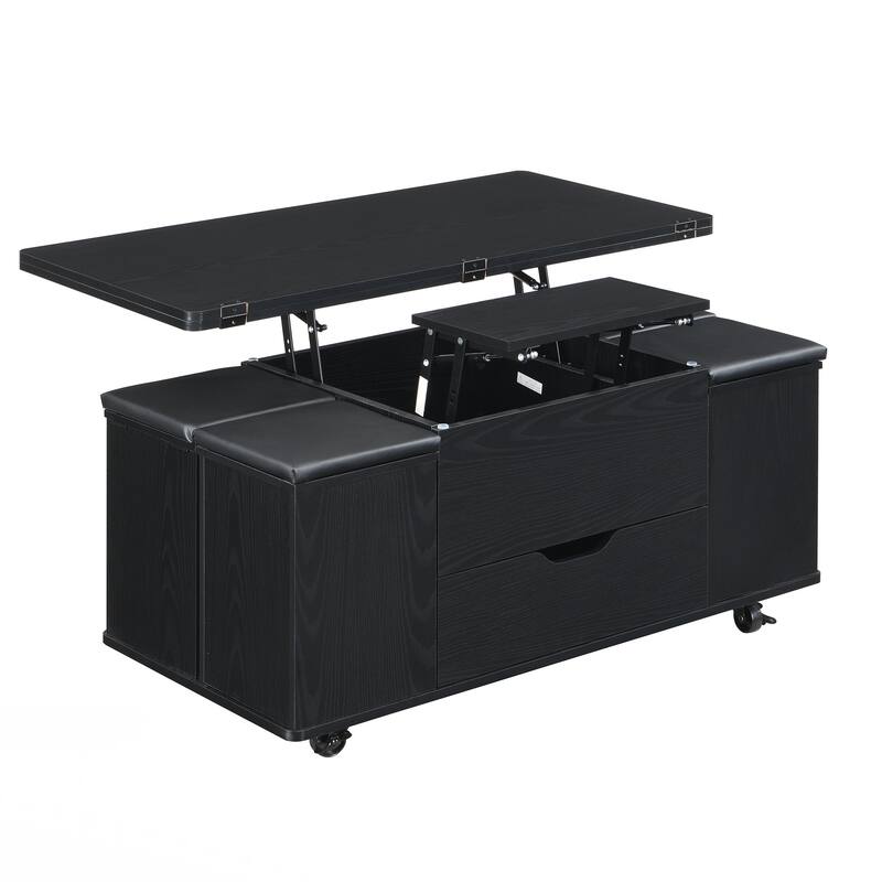 Lift-Top Coffee Table with Hidden Storage and Stools,Multi-Function Modern Center Table with 4 Stools and Casters