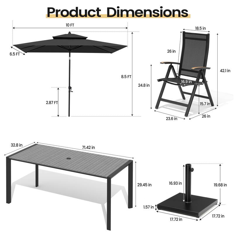9-Piece Outdoor Patio Dining Set Wood Like Aluminum Umbrella Hole Table with Folding Chairs, Market Umbrella and Base