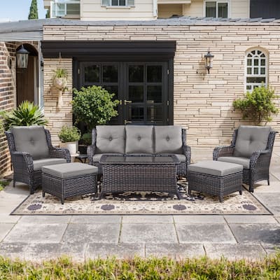 Pocassy 6 Pieces Outdoor 3-Seat Sofa Chairs Table Ottoman