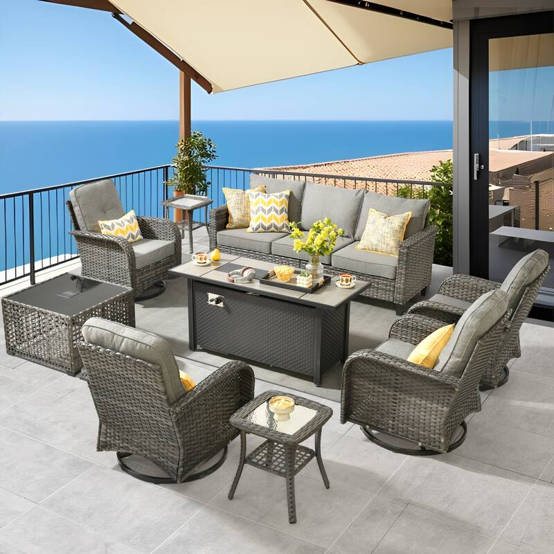 HOOOWOOO 9-piece Grey Wicker Outdoor Fire pit Set with Swivel Chairs - Dark Grey