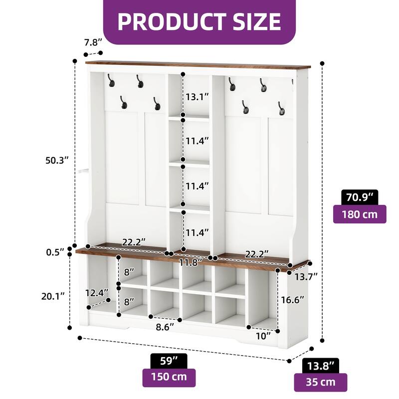 Moasis 39"/59" Farmhouse Hall Tree Bench Shoe Storage Coat Rack for Entryway with Adjustable Shelf