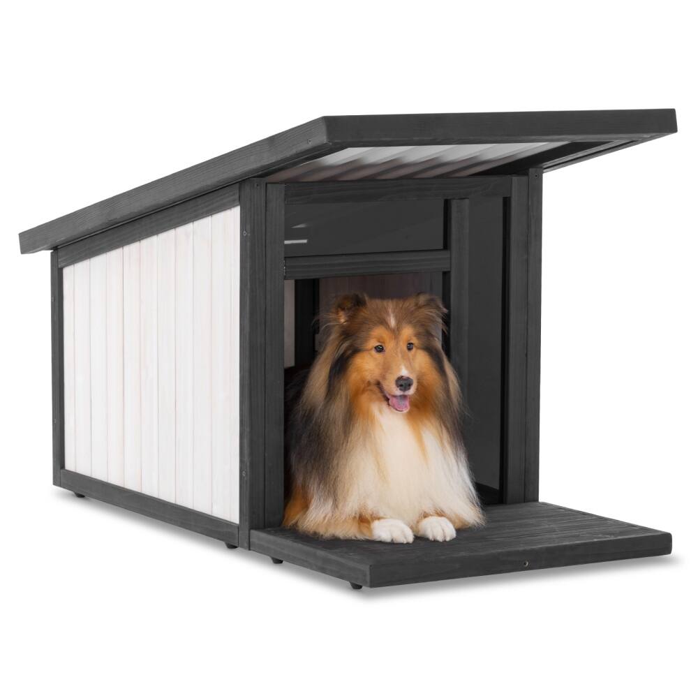Outdoor Dog House with Weatherproof Pitched Roof Panel Bed Bath
