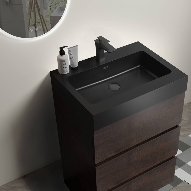 GDFStudio - Alice Walnut Freestanding Bathroom Vanity with One-Piece Matte Black Sink, Modern Handle-Free Design, Pre-Assembled