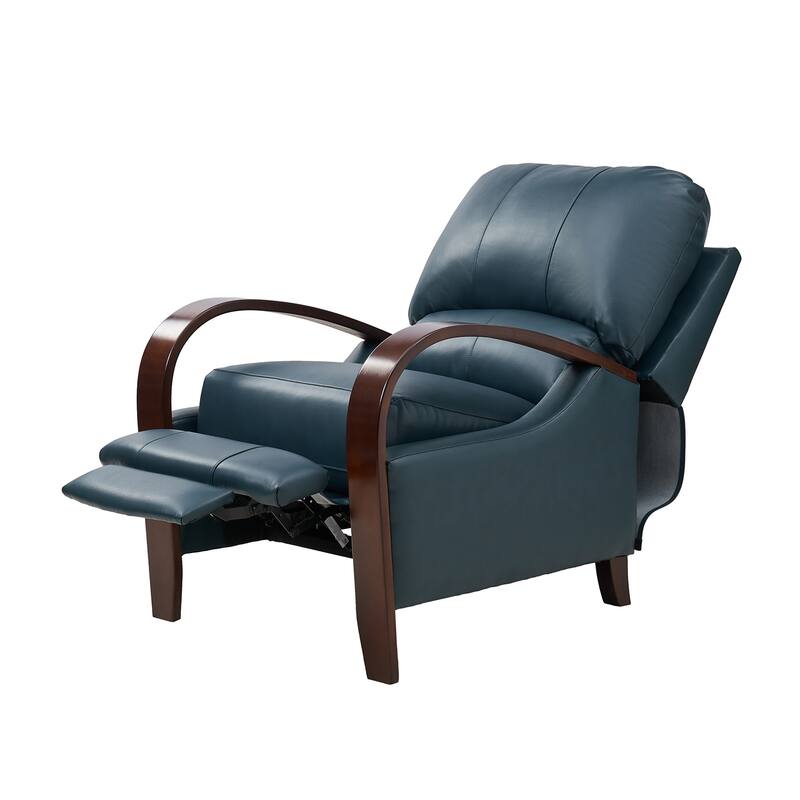 Alex Mid-century Modern Genuine Leather Manual Recliner with Wooden Curved Arms