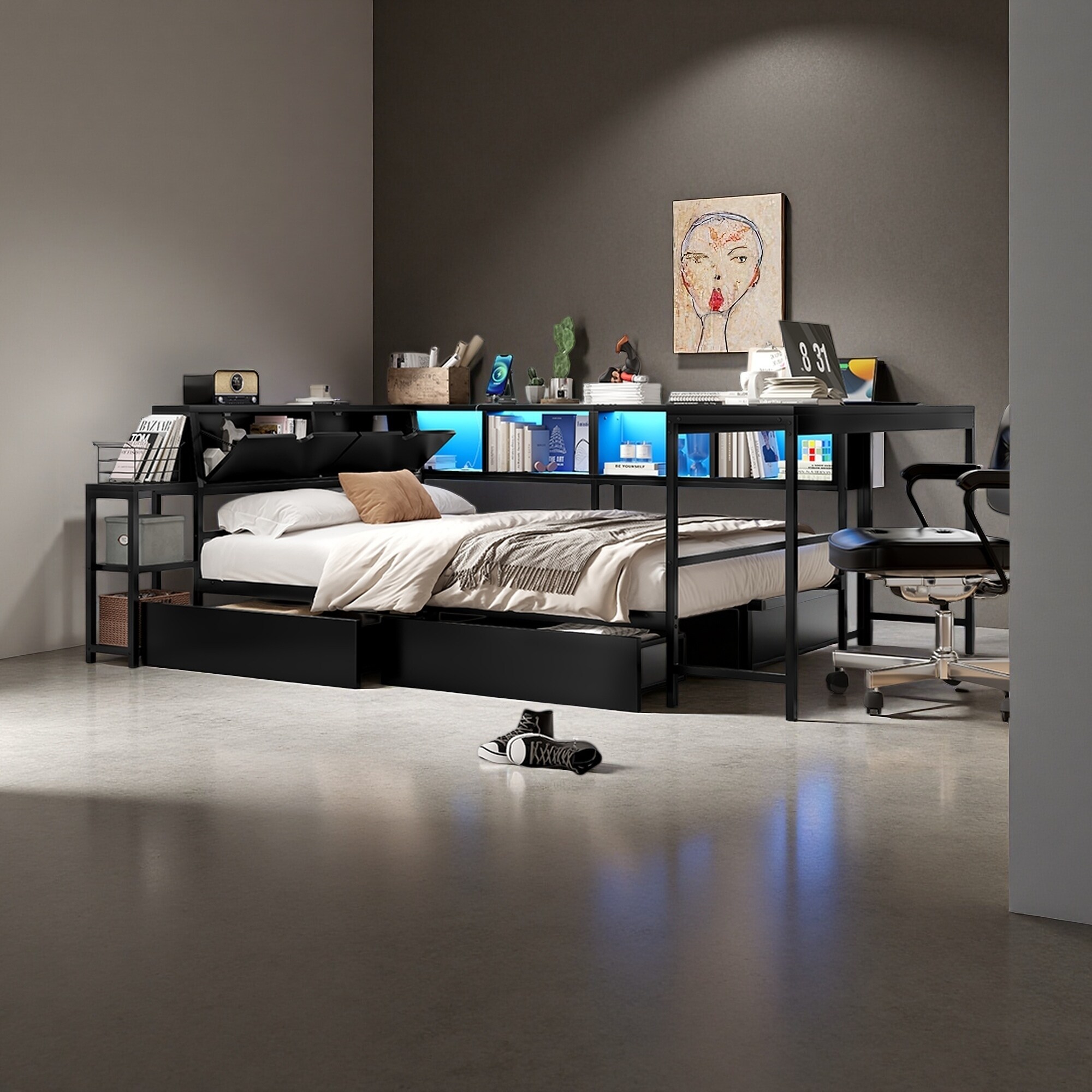 Twin Size Corner Bed Frame with Bookcase, 2 Underbed Storage Drawers, LED Light & Charging Station, Left/Right Interchangeable