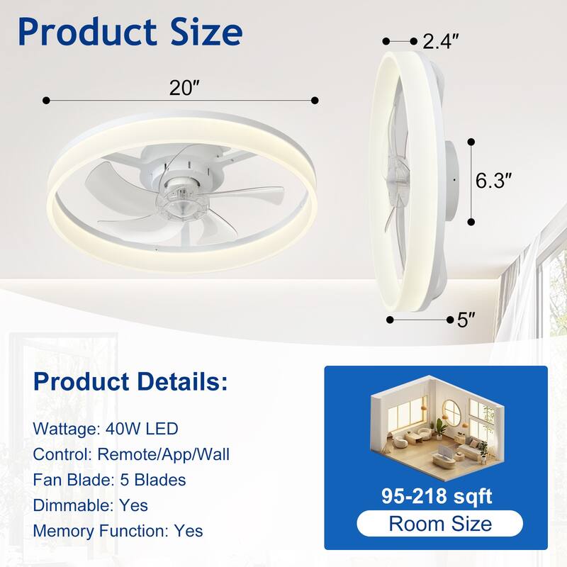 Ceiling Fan with Light: Low Profile, App Remote Control, 6-Speed, 3 CCT, Quiet DC Motor, Dimmable LED, 20" /16"