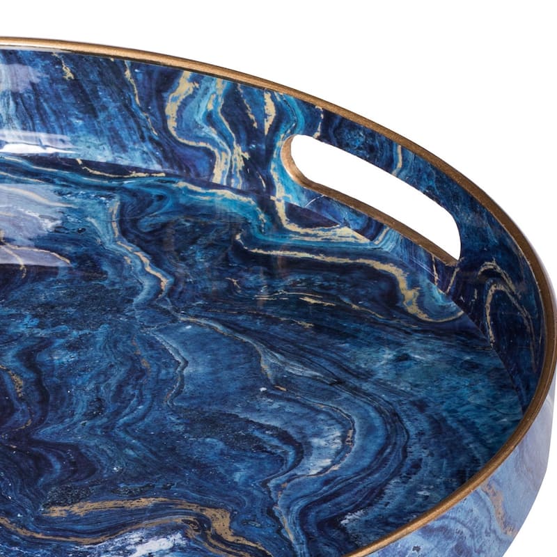 Set of 2 Round Accent Trays, Tabletop Decor, Marbling, Blue, Gold Marbling