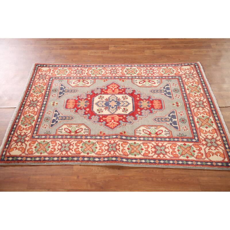 Geometric Kazak Rug Hand-Knotted Grey Wool Carpet - 3'3"x 4'10"