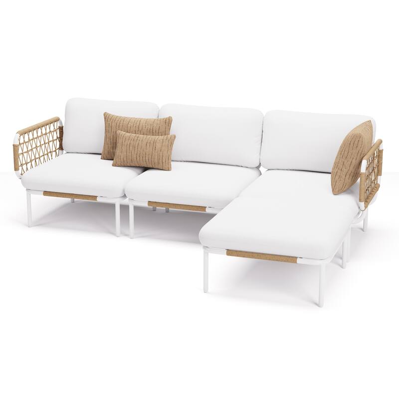 VredHom Outdoor Patio Aluminum PE Rattan Sectional Sofa Free Combination Conversation Seating Sets with Cushions - Beige - Set of 4
