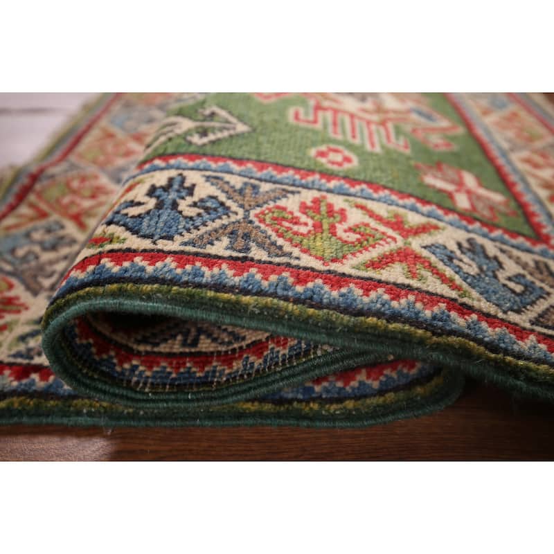 Green Geometric Kazak Oriental Accent Rug Handmade Wool Carpet - 1'10"x 2'10"