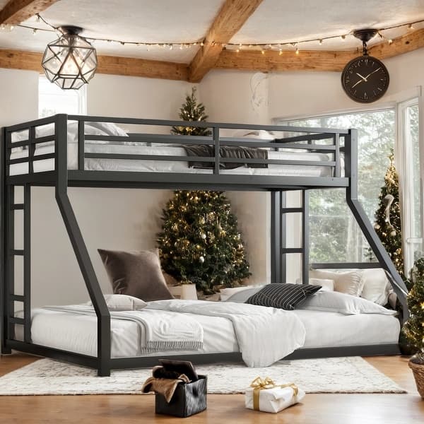 slide 2 of 9, Stable and Safe Twin XL over Queen Metal Bunk Bed with Dual Ladders for Bedroom Black