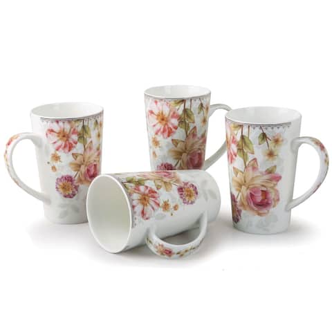 Set of 4 Tall Mugs By Lorren Home Trends Rose Floral
