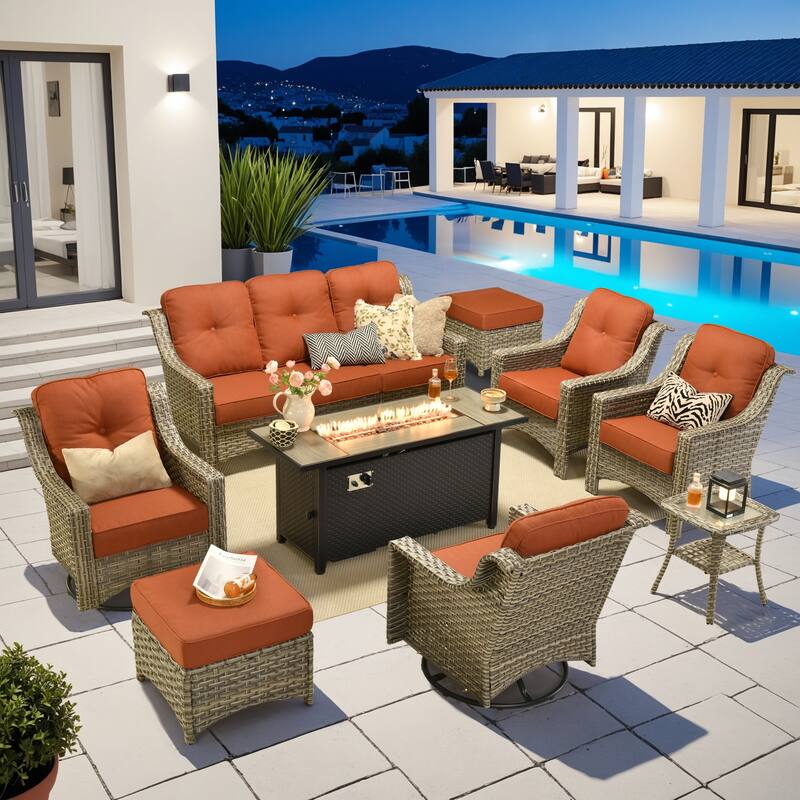 OVIOS 9 Pieces Outdoor Swivel Chairs Set with 54" Fire Table​ - Red