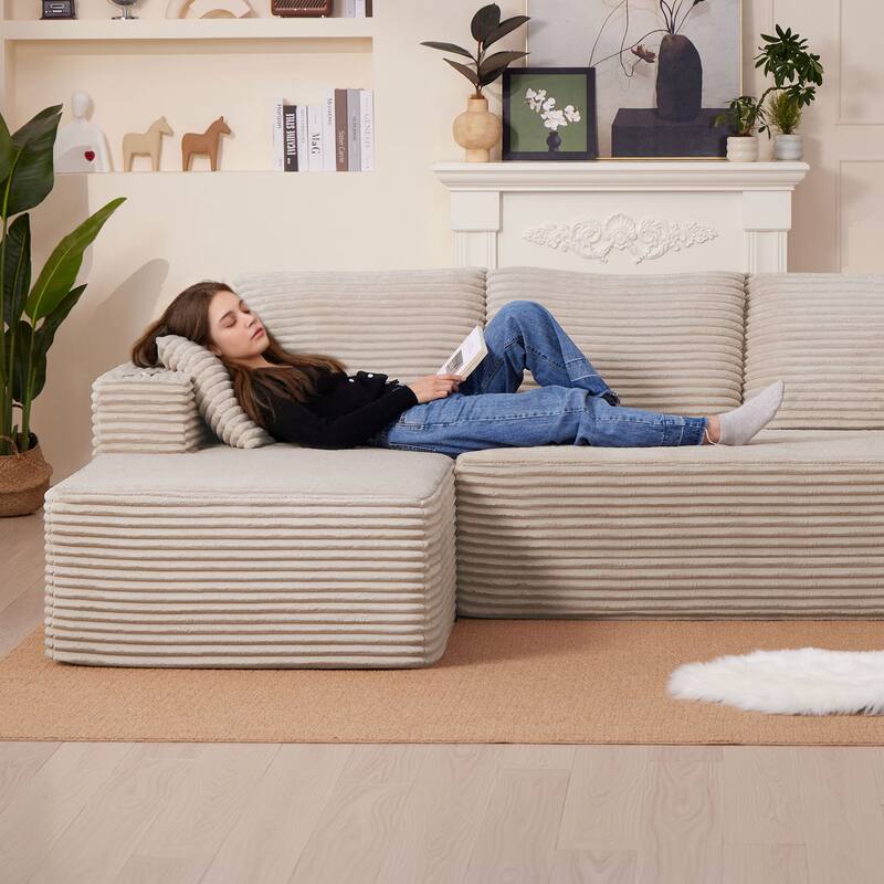 102.76" Corduroy Cloudy L Shaped Sofa with Chaise and Pillows
