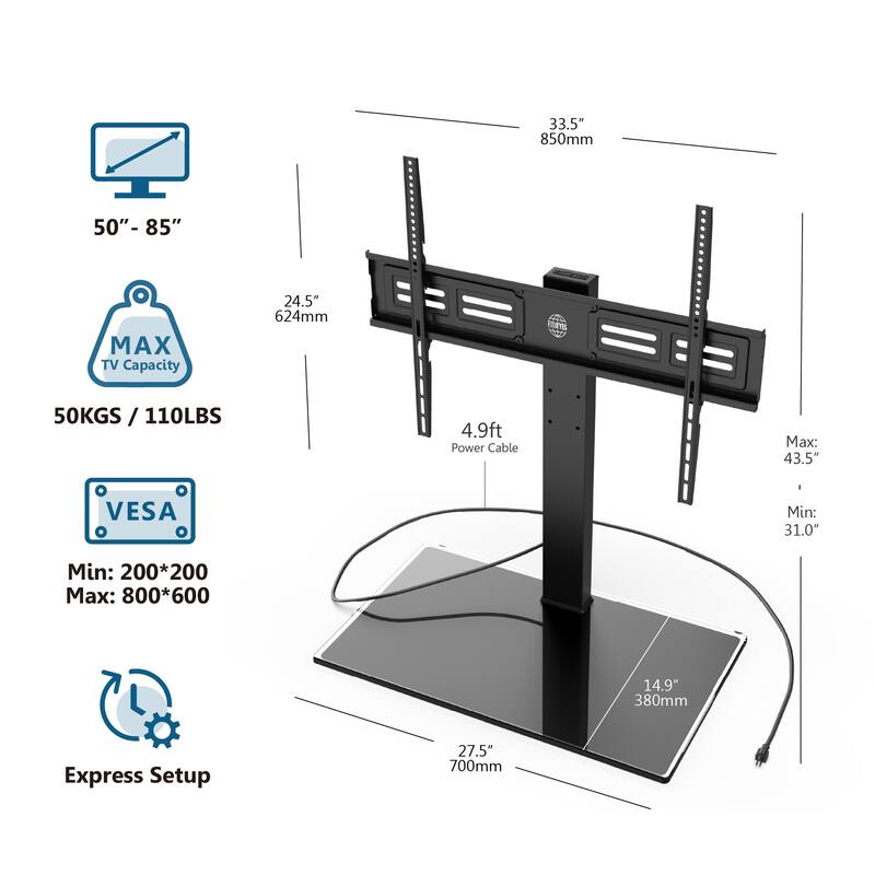 FITUEYES Table Top TV Stand with Power Strip up to 50-85 inches TVs, Black