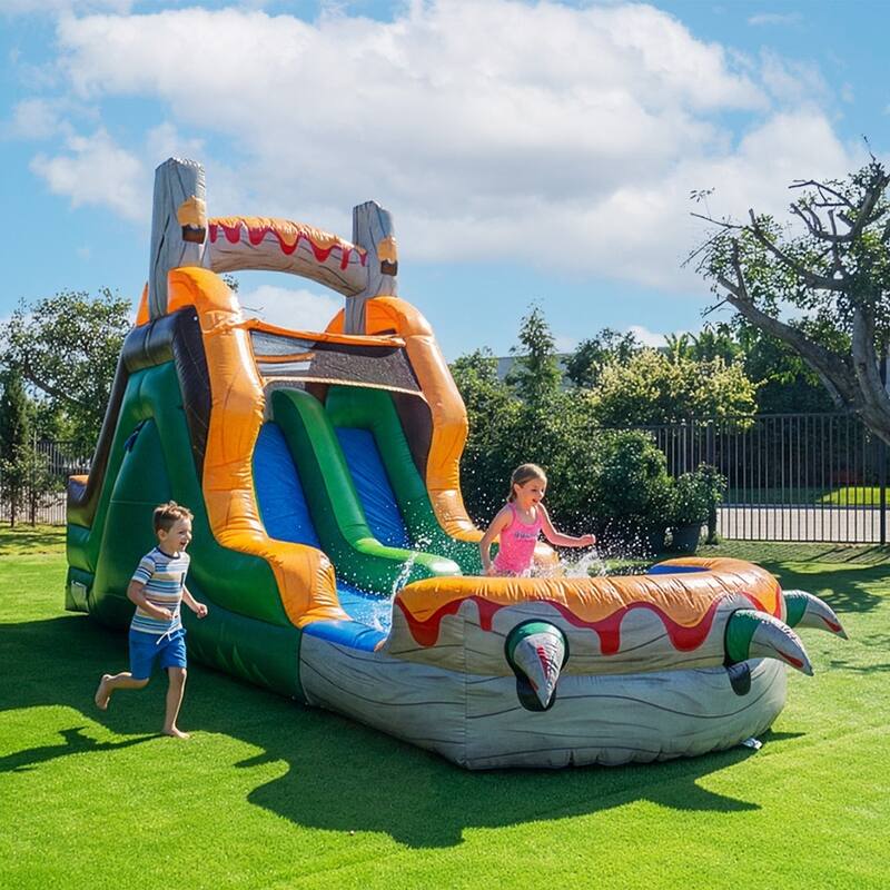 HeroKiddo T-Rex Adventure 12' Tall Dual Lane Inflatable Water Slide with Pool, Commercial PVC, Kids and Adults, Blower Included