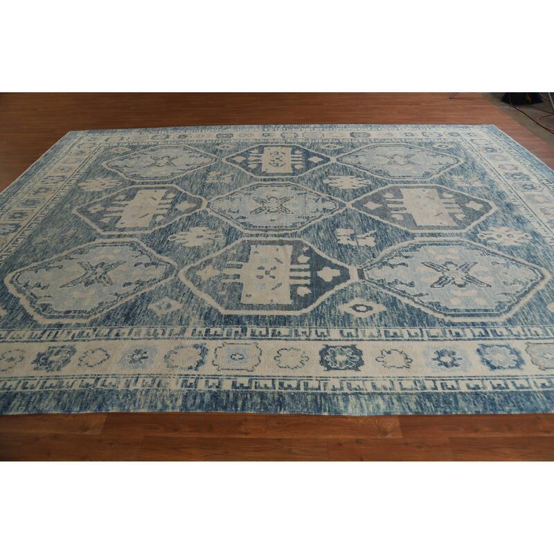 Hand Knotted Oriental 100% Wool Carpet Transitional All-Over Navy Blue & Blues Oushak Area Rug - 12' 7'' X 9' 5''