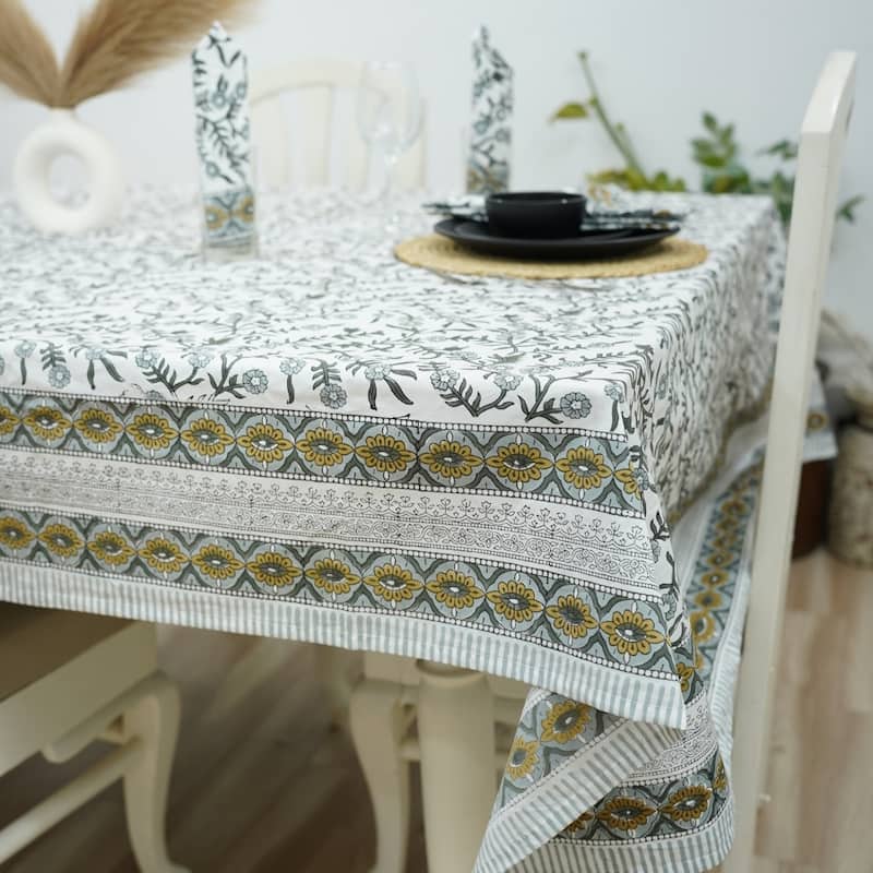 Fabdivine Floral Cotton Table Cover or Cloth Handmade Block Print for Dining & Home Décor Accent