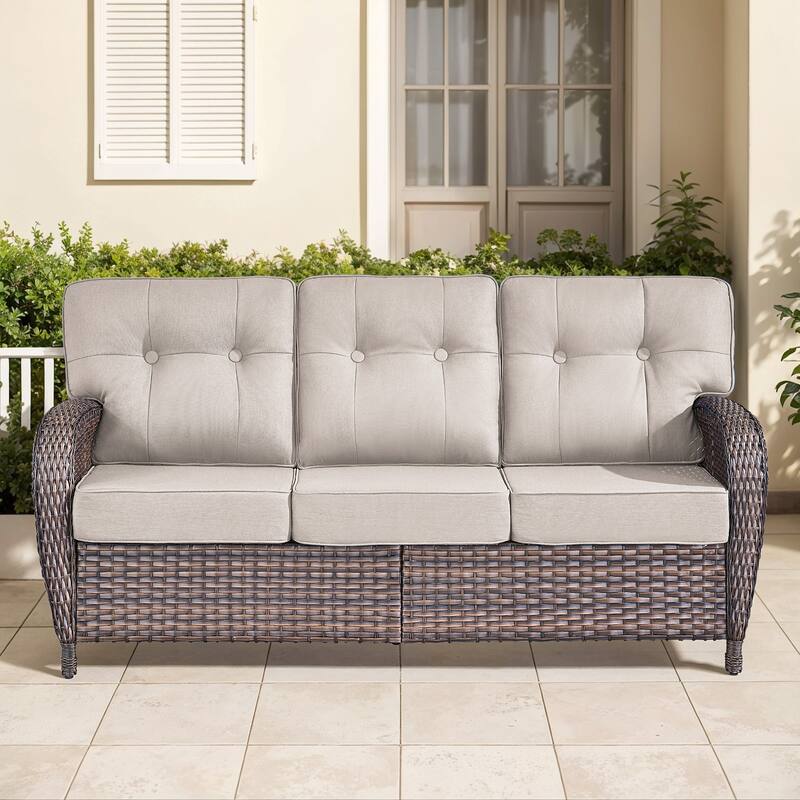 Gymojoy 3-Seater Outdoor Sofa - T-Shaped High Back & 5-inch Cushions, All-Weather PE Rattan for Patio, Garden, Balcony Lounging - Beige - 1-Piece
