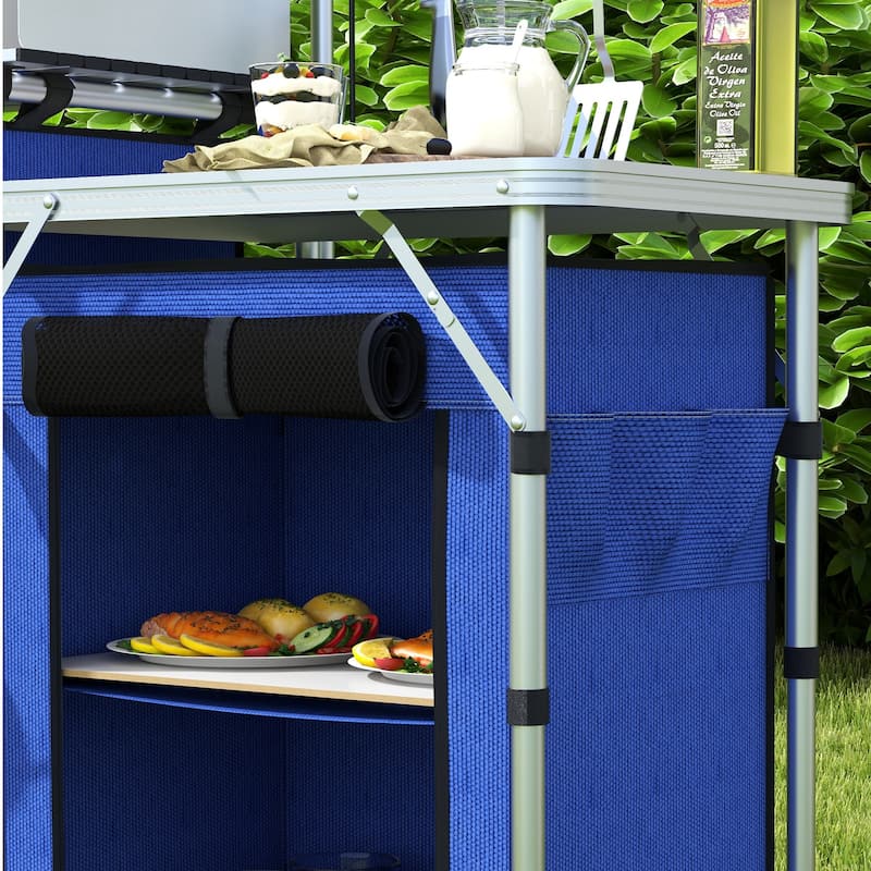 Outsunny Camping Kitchen Table, Portable Folding Camp Kitchen, Aluminum Cook Station with 3 Fabric Cupboards, Windshield