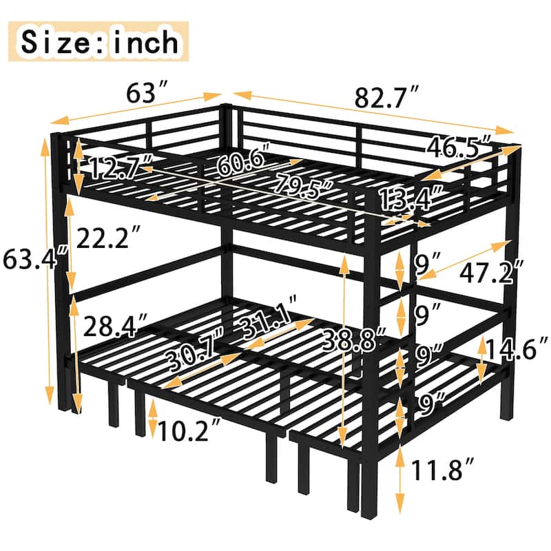 Metal Bunk Bed,Lower Bunk Can be Pulled Out in Three Sections