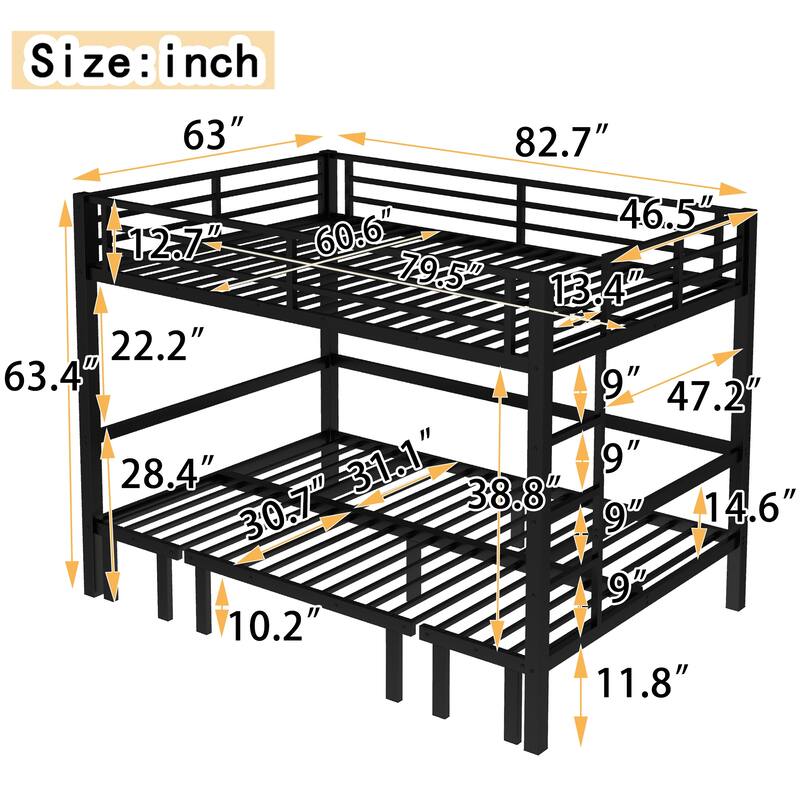 Roomfitters Full/Queen Metal Pull-Out Bunk Bed with 3-Section Expandable Lower Bunk & Safety Rails, Space-Saving Frame, Black