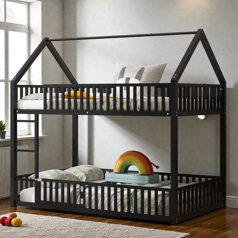 Metal Twin over Twin House Bunk Bed with Fence Guardrails and Door, Kids Playhouse Bunk Bed Frame, No Box Spring Needed