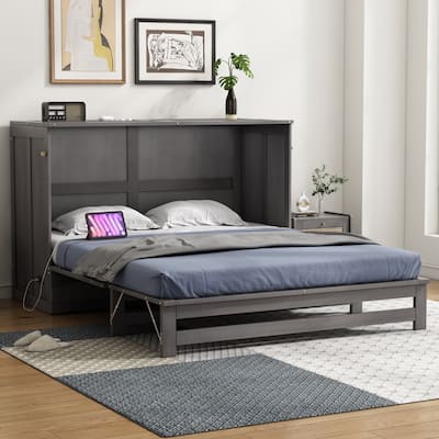 Queen Size Murphy Bed with Built-In Charging Station and Storage Drawer, Antique Gray Finish
