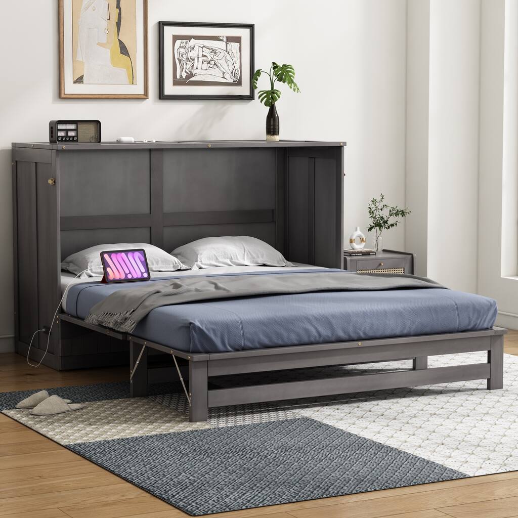 Queen Size Murphy Bed with Built-In Charging Station and Storage Drawer, Antique Gray Finish