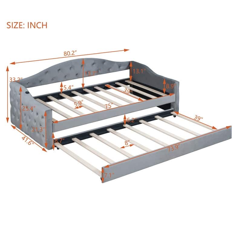 Twin Size Upholstered Daybed with Pop Up Trundle,Velvet Tufted Headboard with Charging Station