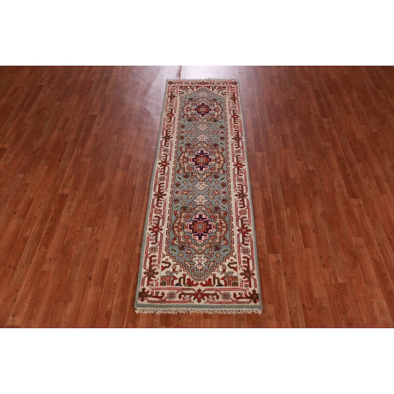 Hand Knotted Oriental 100% Wool Carpet Traditional Geometric Navy Blue & Blues Heriz (serapi) Runner Rug - 8' 2'' X 2' 6''