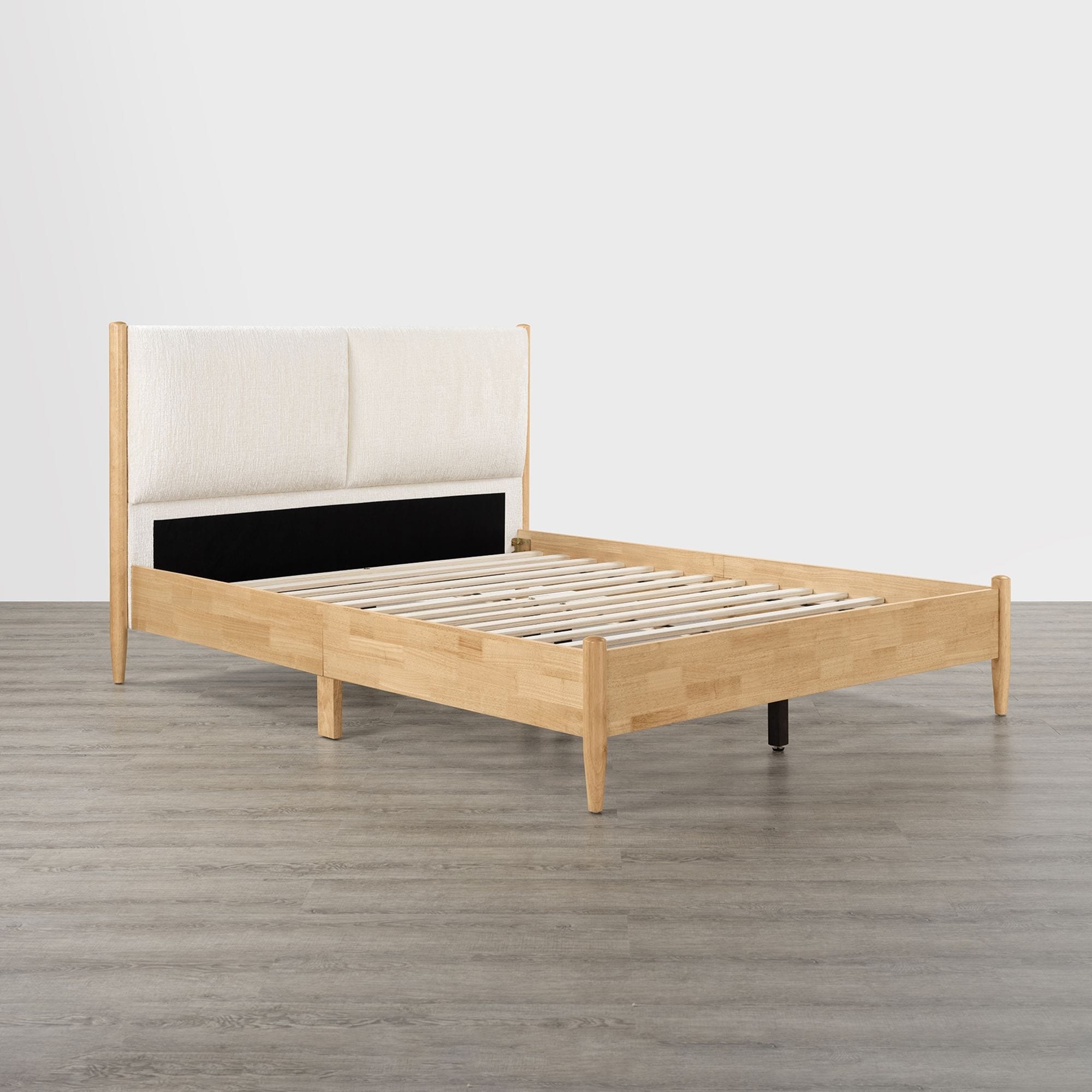Spruce & Spring Mid-Century Modern Upholstered Platform Bed with Striped Chenille Headboard and Solid Wood Legs