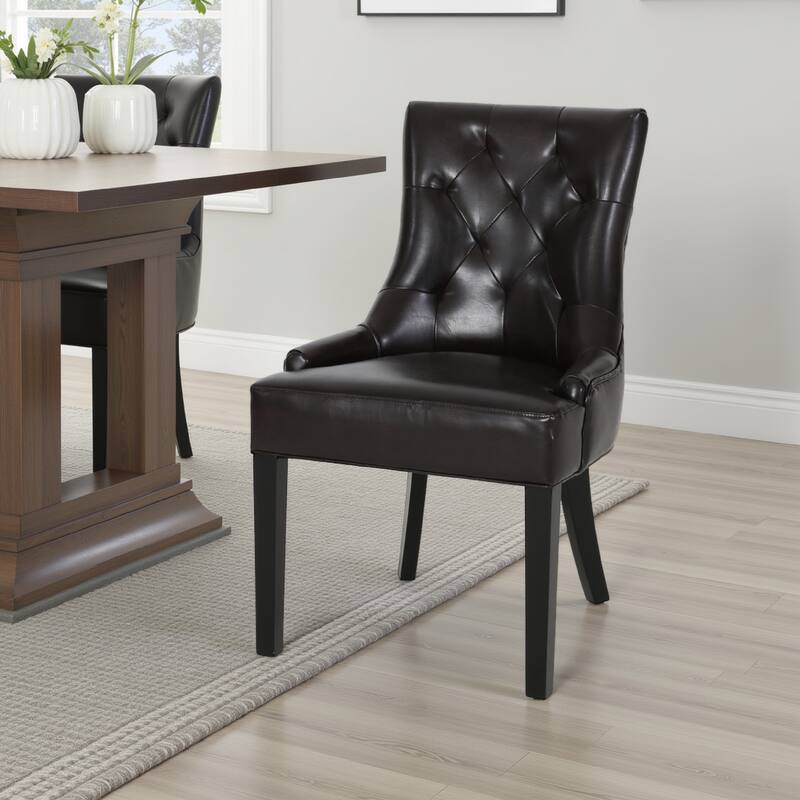 Chen Dining Chair Set of 2, Sloped Arms, Tufted Brown Faux Leather