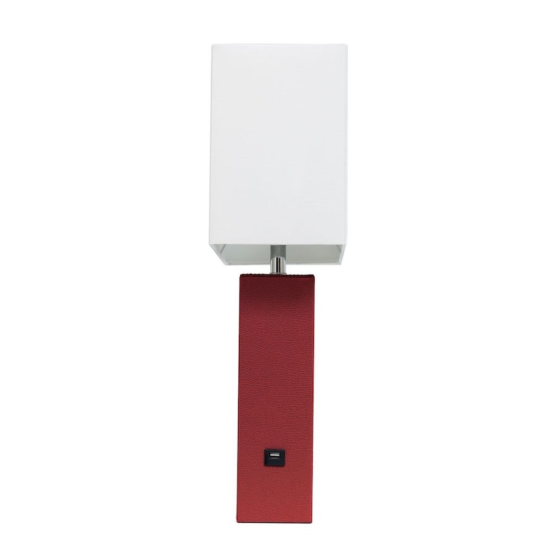 Modern Leather Table Lamp with USB and White Fabric Shade
